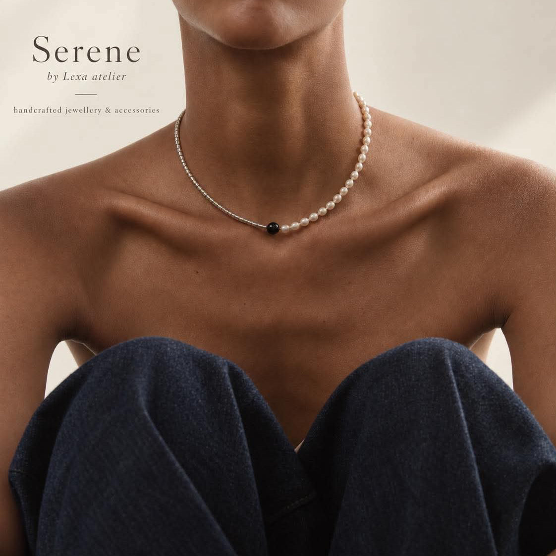Дамско колие от перли, ахат и сребристи стъклени мъниста Serene